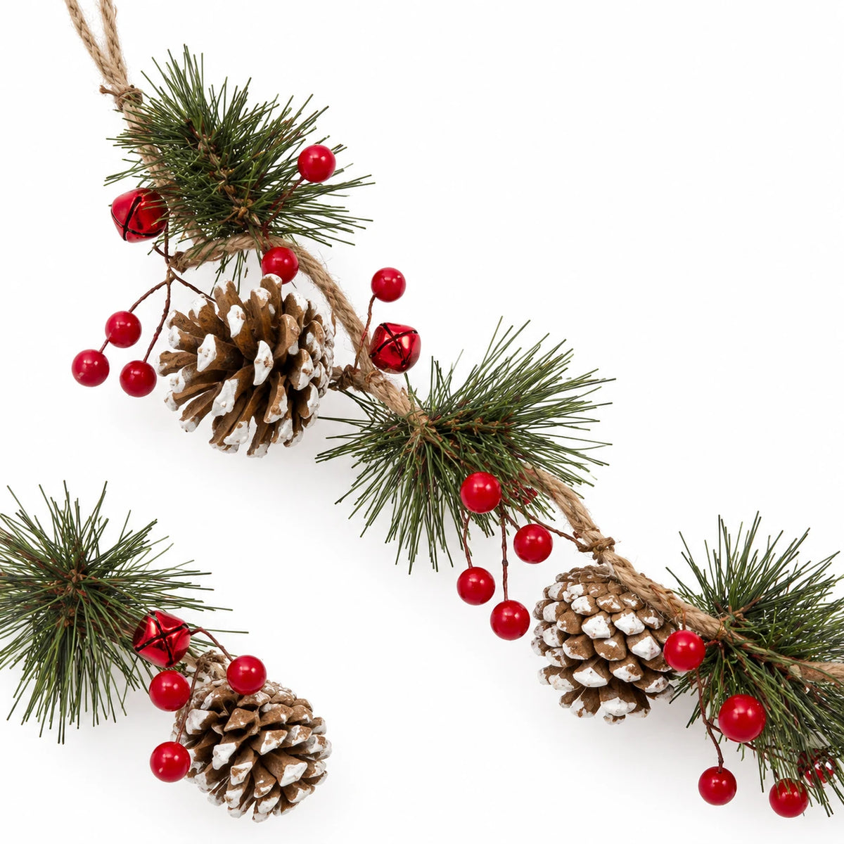 LED pinecone and red berry garland with red bells, unlit pinecone berry and rope detail