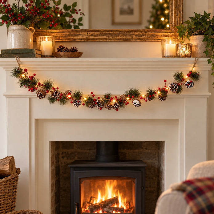 LED pine cone and berry garland hanging in a shallow curve above a cream fireplace