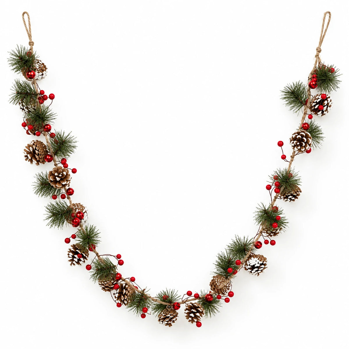 LED pinecone and red berry garland with red bells, full unlit white studio view