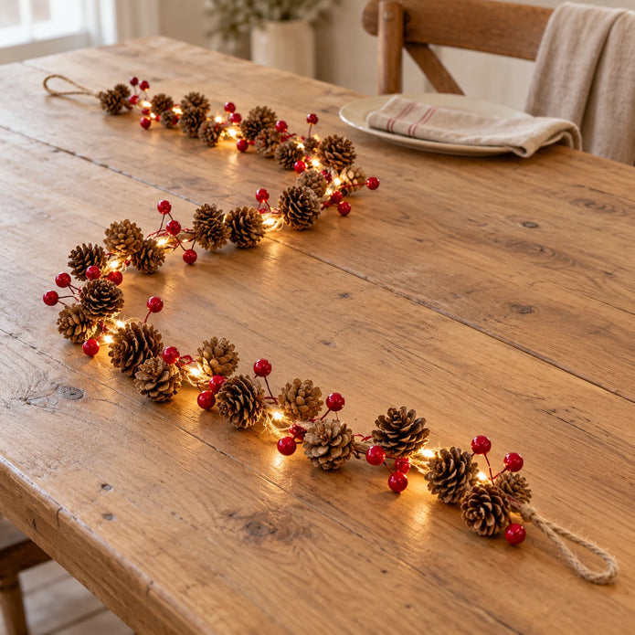 Pinecone and red berry LED garland with warm lights arranged along an oak dining table.