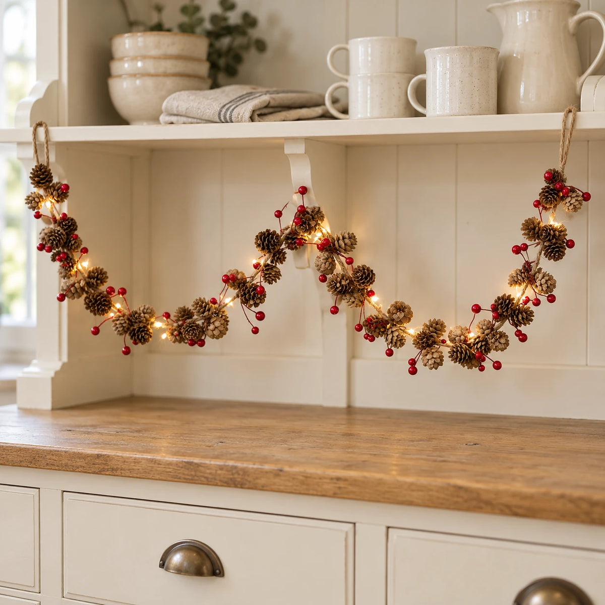 Pinecone and red berry LED garland lit in a double swag on a cream country kitchen dresser.