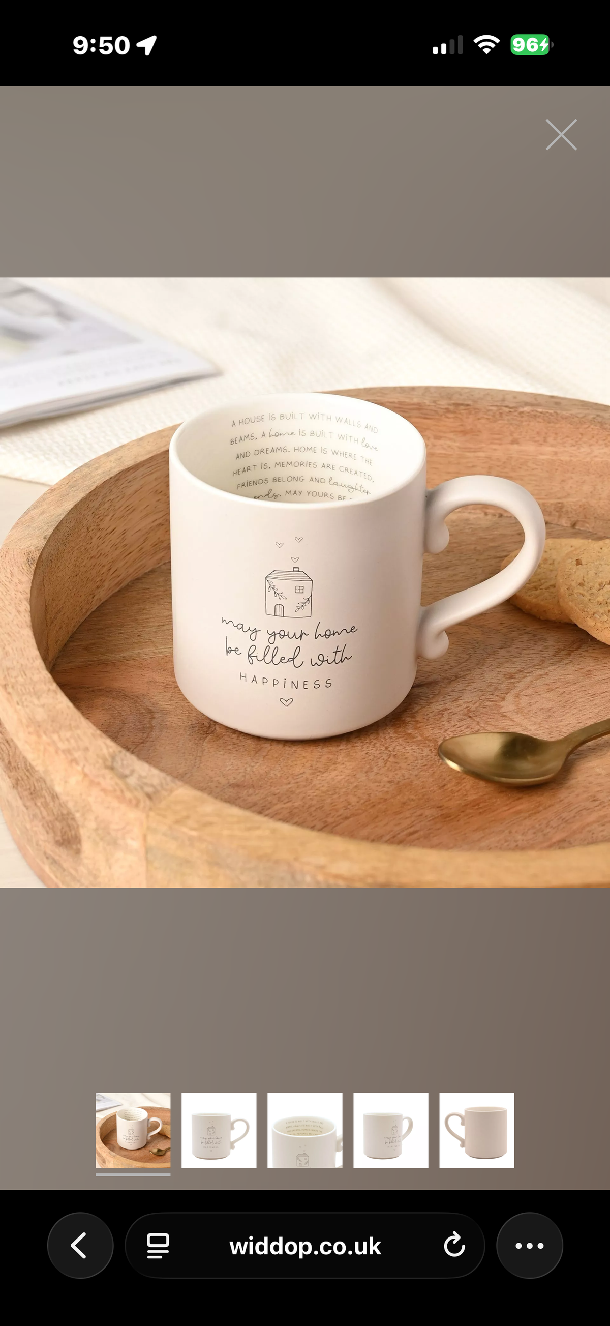Widdop & Co beige Moments Mug with Happy Home design, neutral ceramic coffee cup