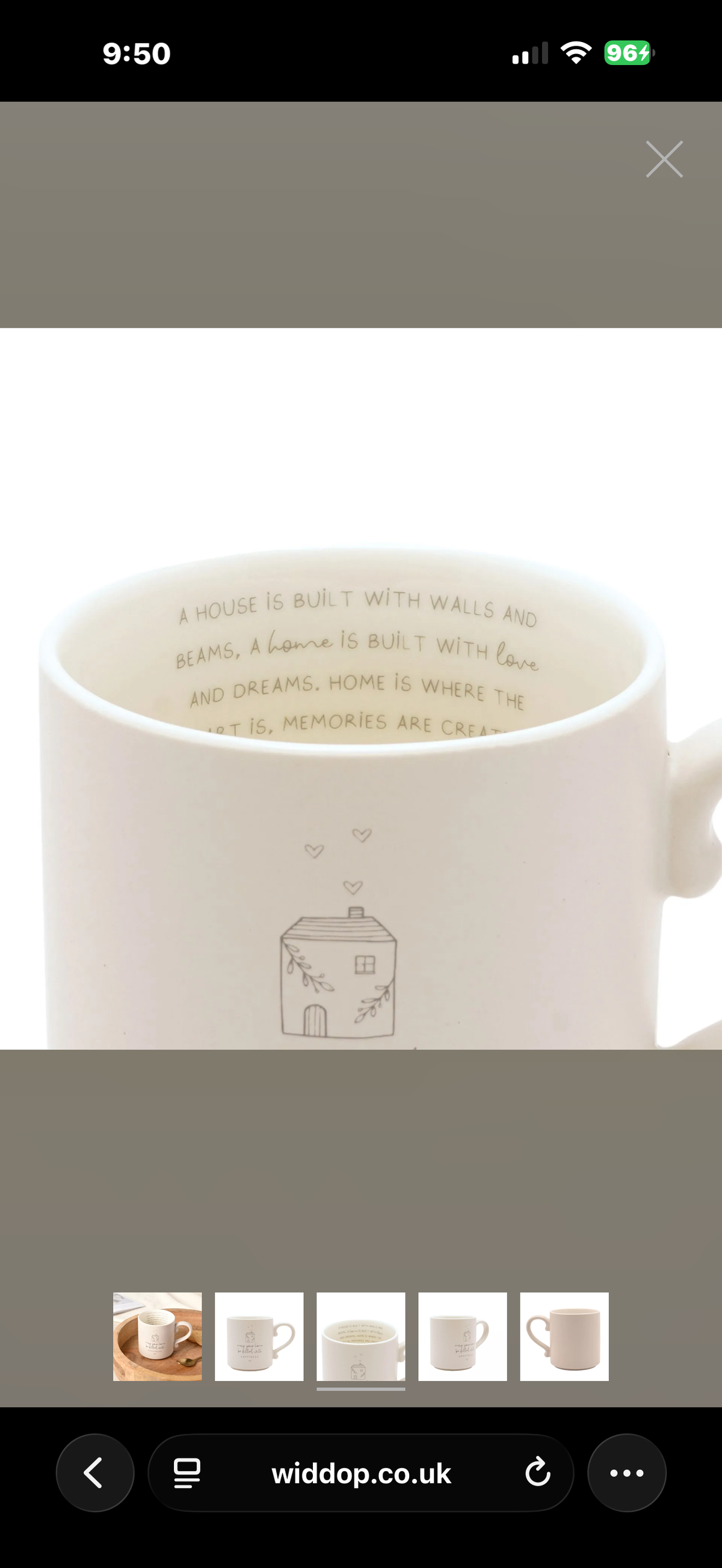 Widdop & Co Beige Moments Mug ceramic coffee cup with Happy Home design, neutral finish