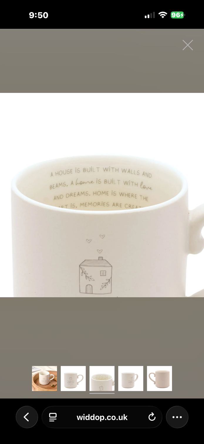 Widdop & Co Beige Moments Mug ceramic coffee cup with Happy Home design, neutral finish