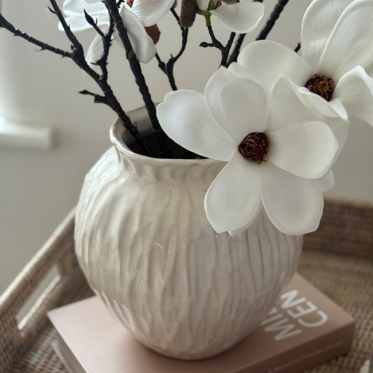 Hill Interiors artificial white magnolia branch stem with realistic blossoms and green leaves
