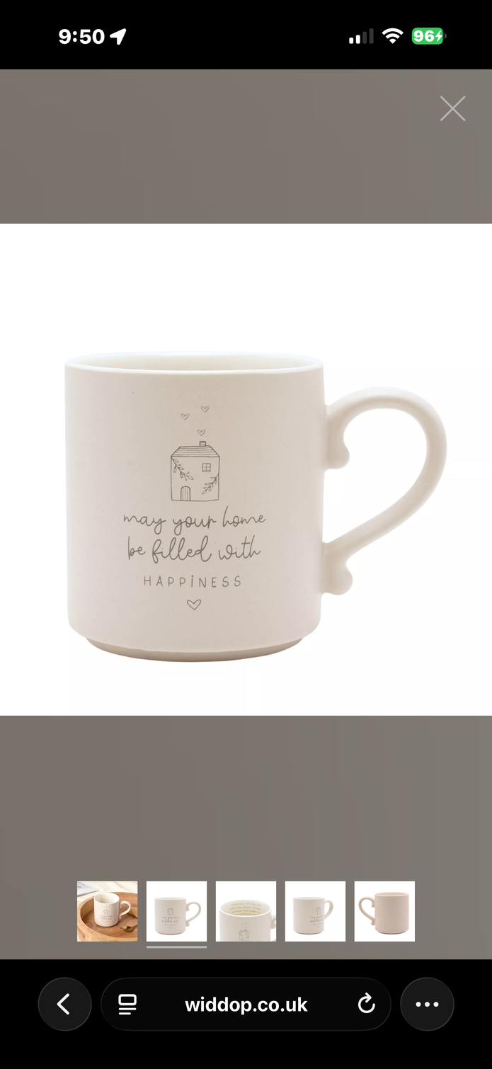 Beige Moments Mug by Widdop & Co, neutral ceramic coffee cup with Happy Home design