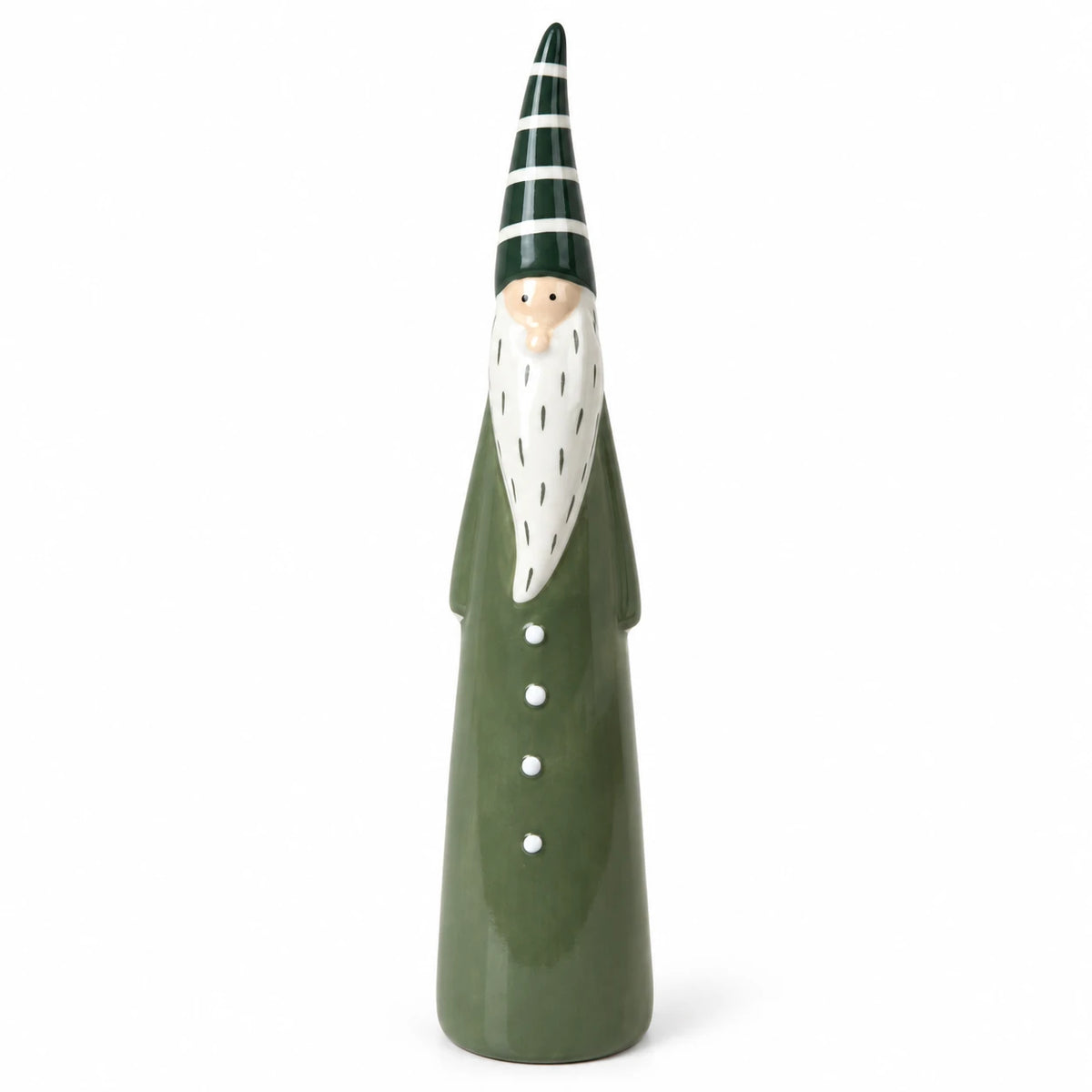 Angled studio view of the light green ceramic Christmas gonk showing its glaze, beard and white buttons.