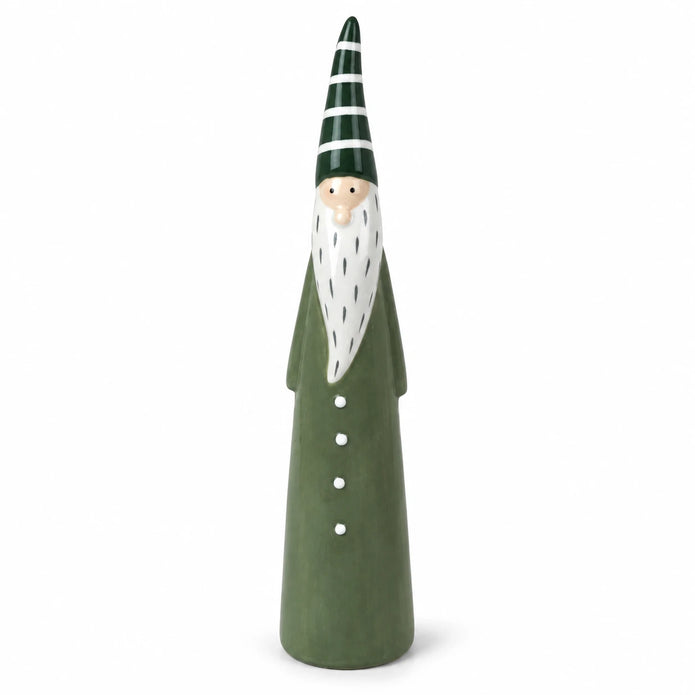 Light green ceramic Christmas gonk with white beard and striped pointed hat on a white studio background.