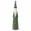 Light green ceramic Christmas gonk with white beard and striped pointed hat on a white studio background.