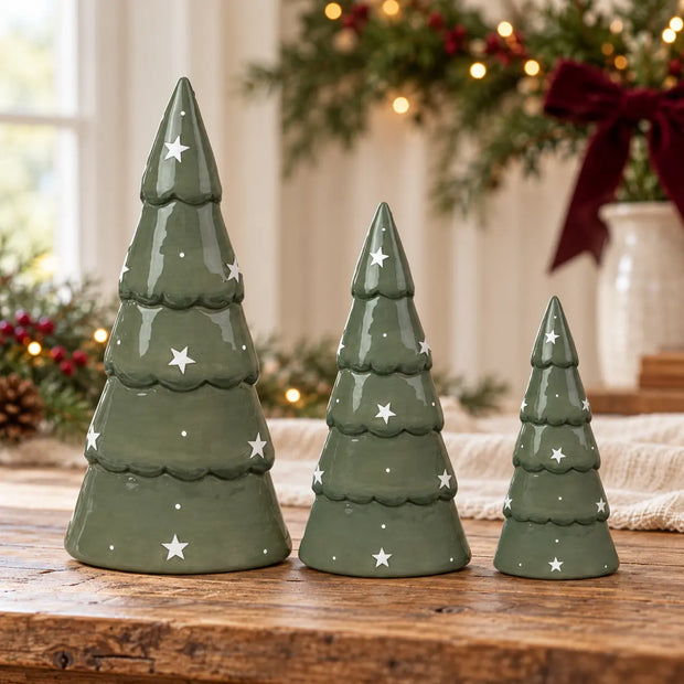 Light green ceramic Christmas tree decoration by Satchville, featuring three sizes for festive holiday decor.