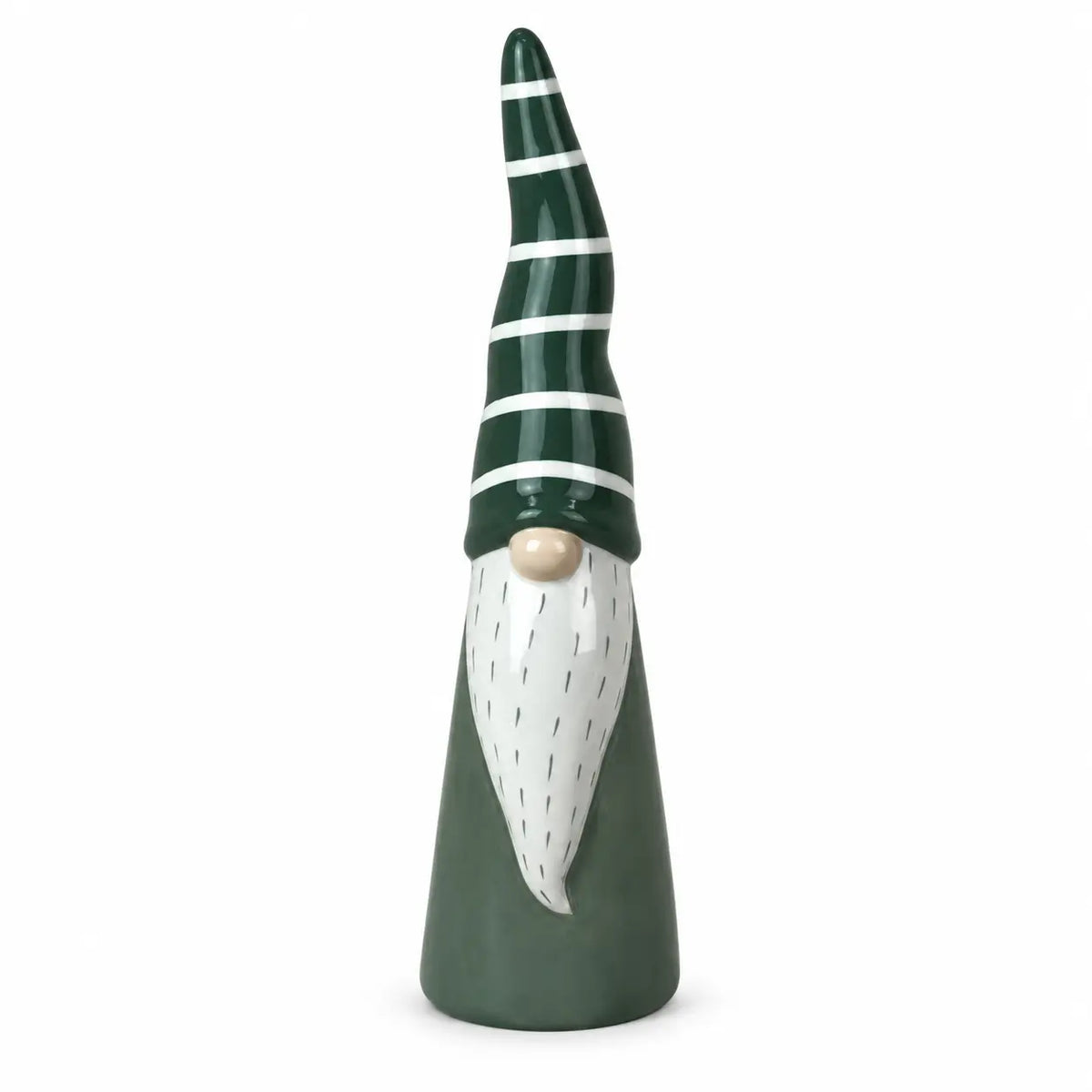 Tall green and white ceramic gonk on white studio background