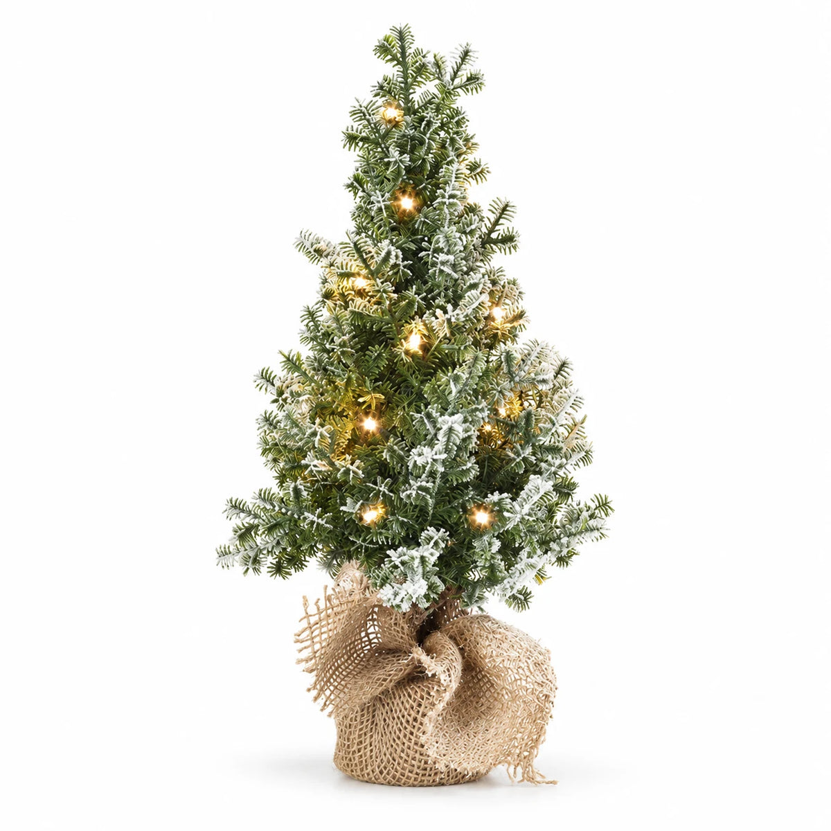 Light-up frosted Christmas tree with hessian base on a white background