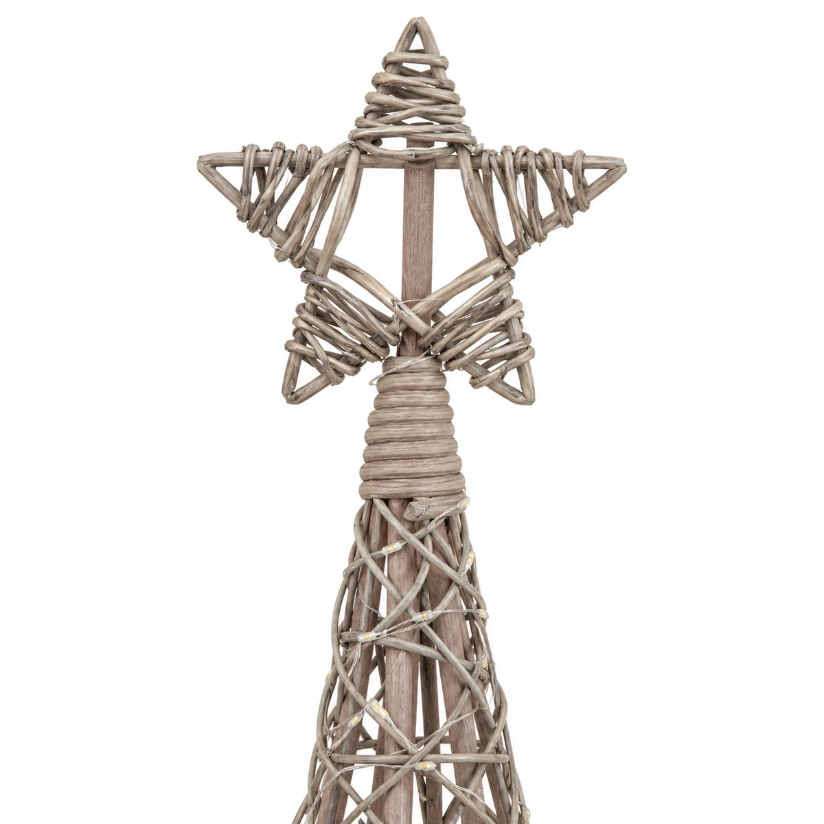 Close-up of woven rattan star topper, wrapped collar and integrated LED wire on white.