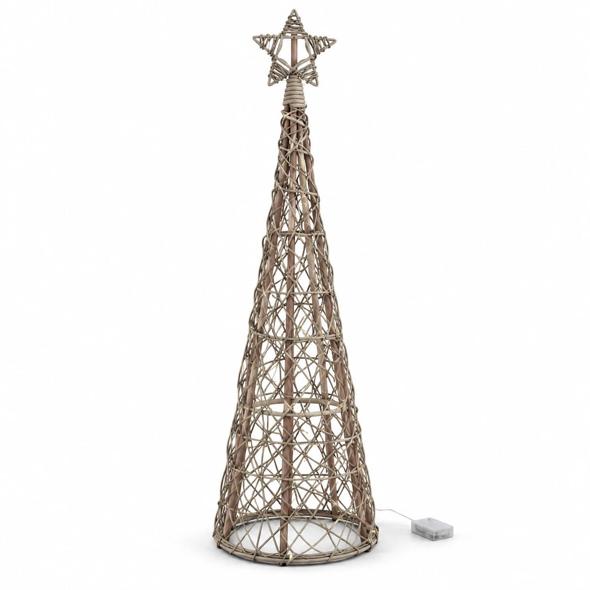 Complete unlit rattan Christmas tree with star topper and battery box on white.