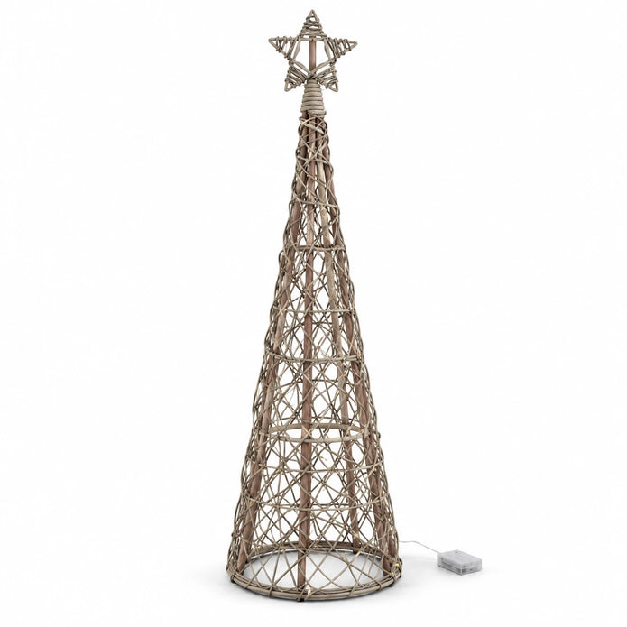 Complete unlit rattan Christmas tree with star topper and battery box on white.