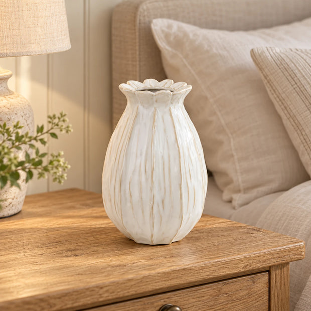 Lillian Off White Vase Medium — empty on oak bedside table with linen bedding