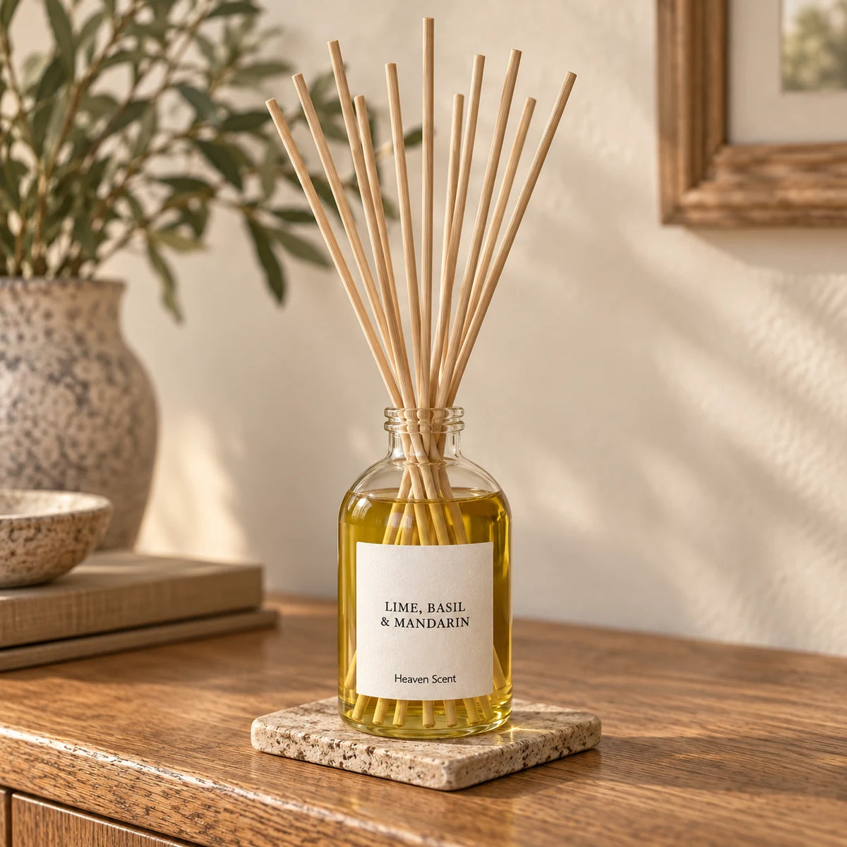 Heaven Scent LIME, BASIL & MANDARIN 100ml reed diffuser styled on an oak console with natural reeds inserted.