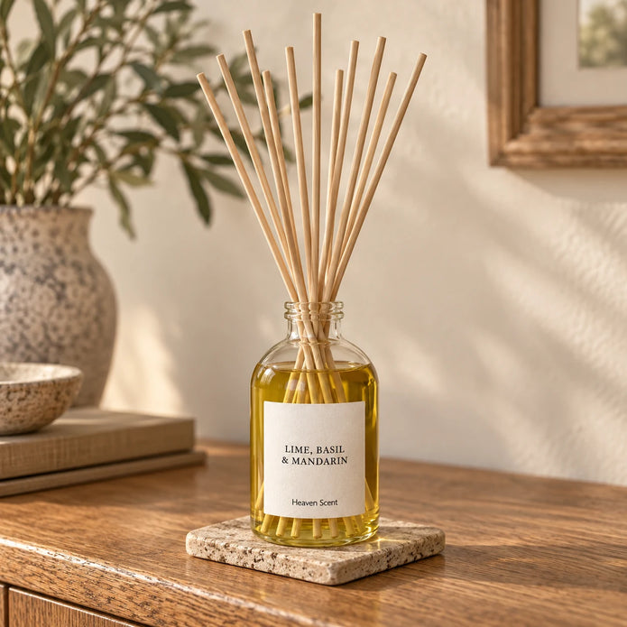 Heaven Scent LIME, BASIL & MANDARIN 100ml reed diffuser styled on an oak console with natural reeds inserted.
