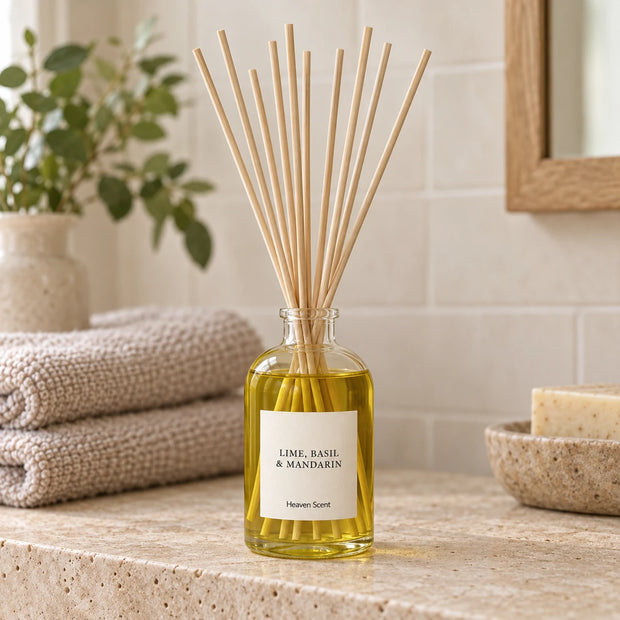 Heaven Scent LIME, BASIL & MANDARIN 100ml reed diffuser styled on a stone bathroom shelf with reeds inserted.