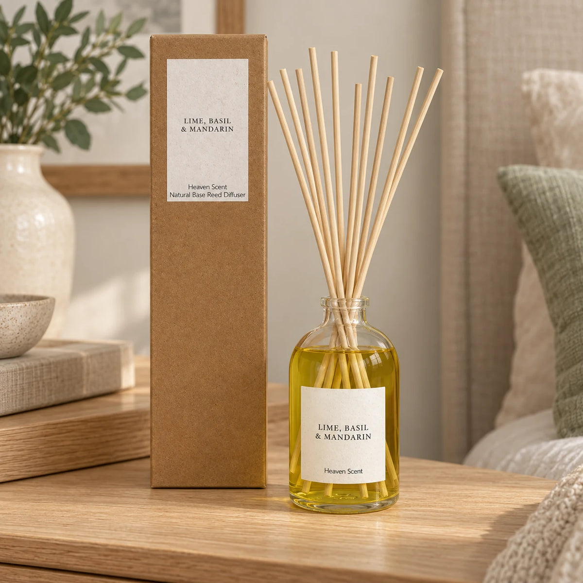 Heaven Scent LIME, BASIL & MANDARIN 100ml reed diffuser with reeds inserted beside its matching kraft gift box.