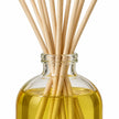 Heaven Scent LIME, BASIL & MANDARIN 100ml reed diffuser close-up of natural rattan reeds and the glass bottle neck.