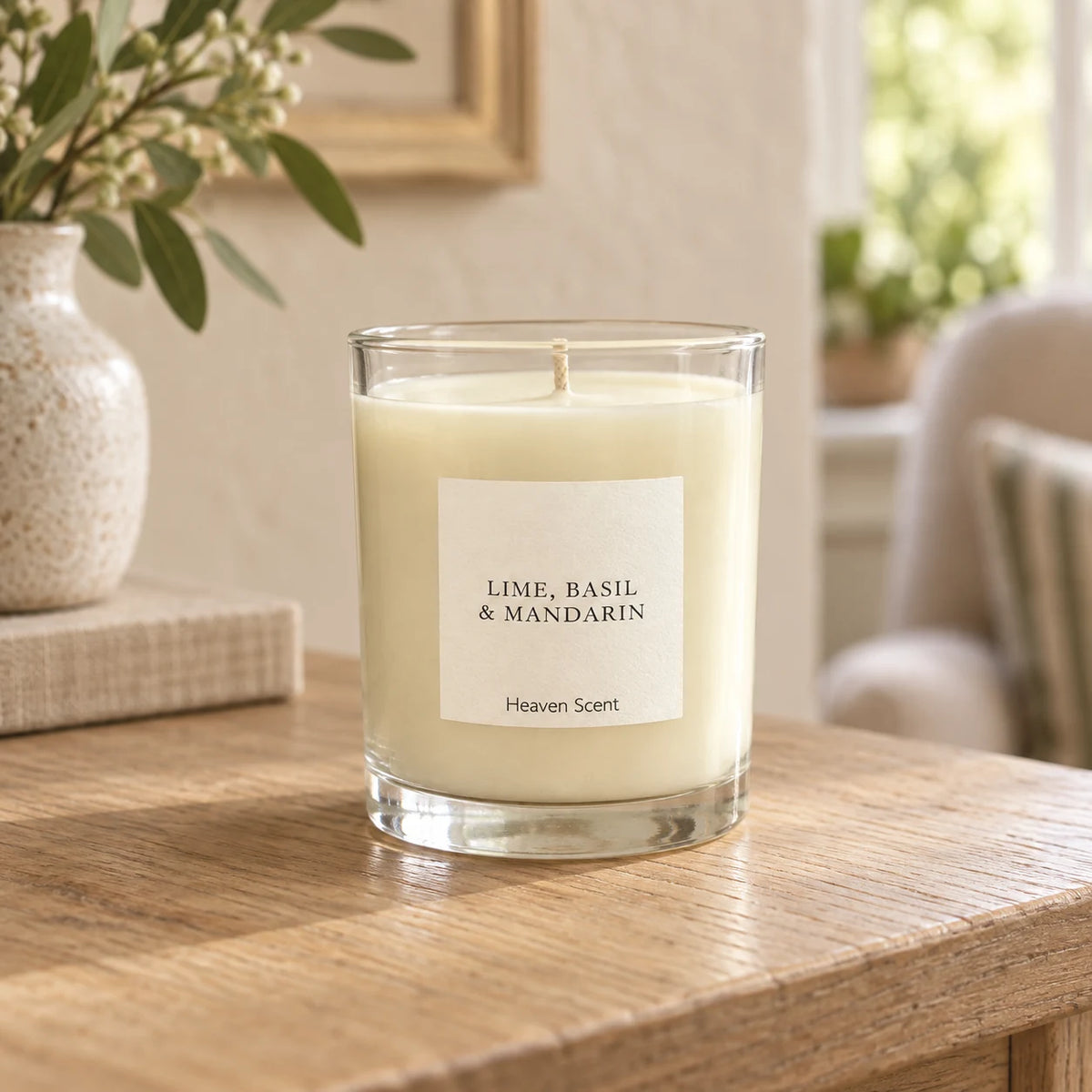 Heaven Scent Lime, Basil & Mandarin Medium Candle unlit on an oak console