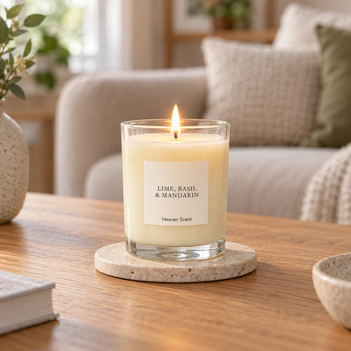Heaven Scent Lime, Basil & Mandarin Medium Candle, lit in clear glass on a stone coaster in a living room