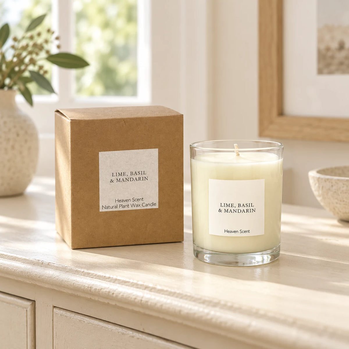 Heaven Scent Lime, Basil & Mandarin Medium Candle, unlit with its brown kraft box on a cream console