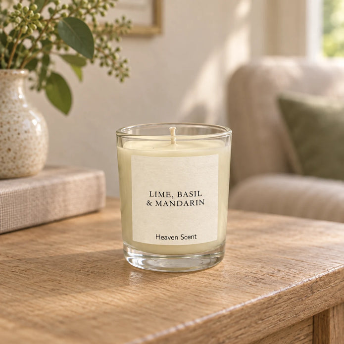 Heaven Scent Lime, Basil & Mandarin Small Candle, ivory wax in clear glass on an oak console
