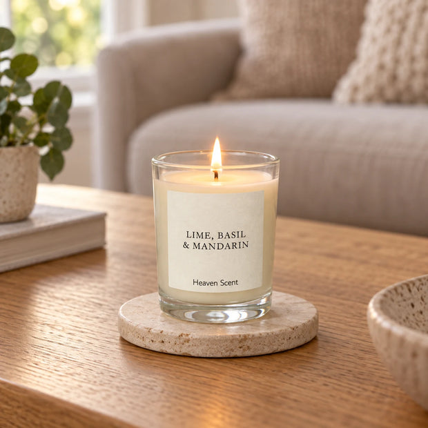 Heaven Scent Lime, Basil & Mandarin Small Candle, lit in clear glass on a stone coaster in a living room