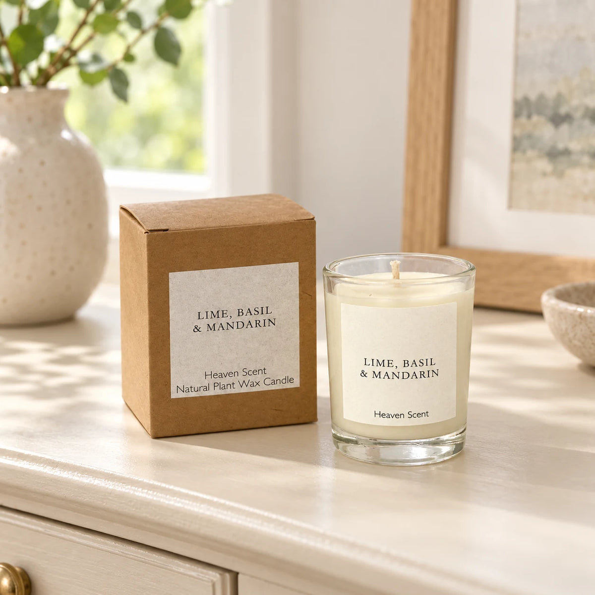 Heaven Scent Lime, Basil & Mandarin Small Candle, unlit with its brown kraft box on a cream console