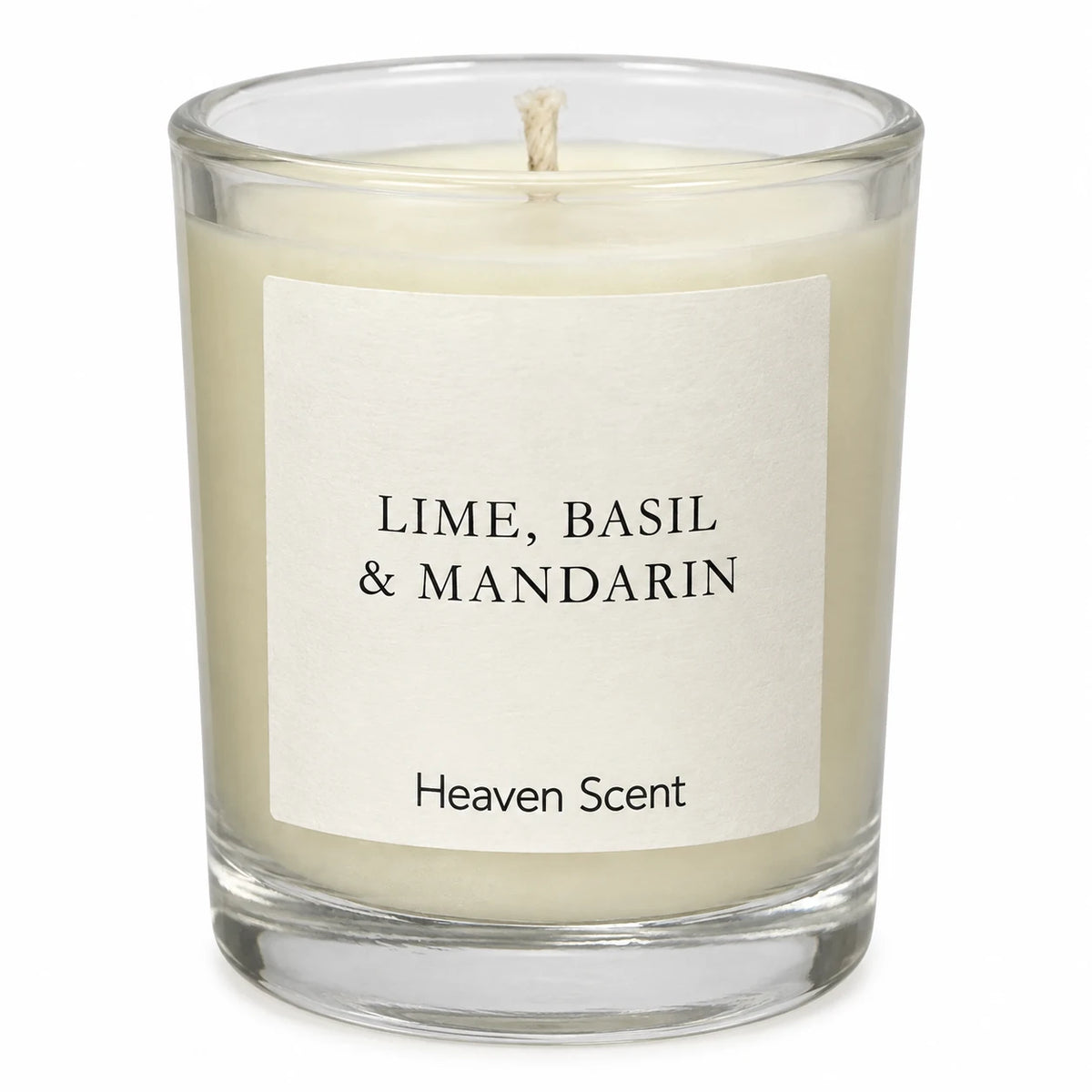 Heaven Scent Lime, Basil & Mandarin Small Candle, close-up of the fragrance label and clear glass