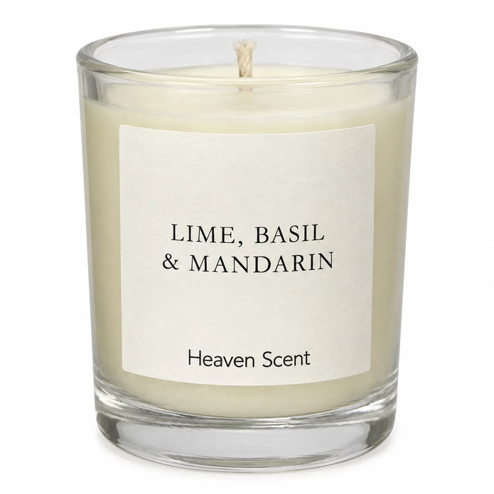 Heaven Scent Lime, Basil & Mandarin Small Candle, close-up of the fragrance label and clear glass