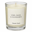 Heaven Scent Lime, Basil & Mandarin Small Candle, close-up of the fragrance label and clear glass