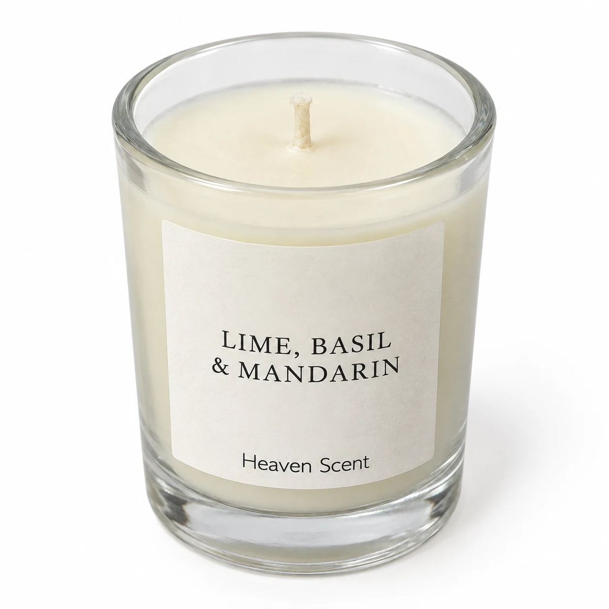 Heaven Scent Lime, Basil & Mandarin Small Candle, close-up of cream wax and the unlit wick