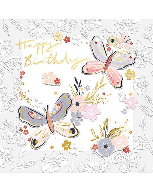 Female birthday card featuring fluttering design by Ling Design, part of the 2026 line extensions, with colorful illustrations.