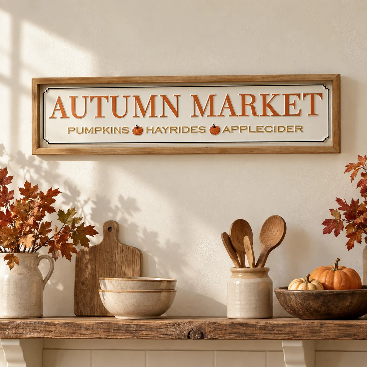 Long Autumn Market Pumpkin Sign hanging above a country kitchen shelf.