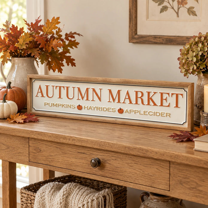 Long Autumn Market Pumpkin Sign on an oak console with autumn foliage.