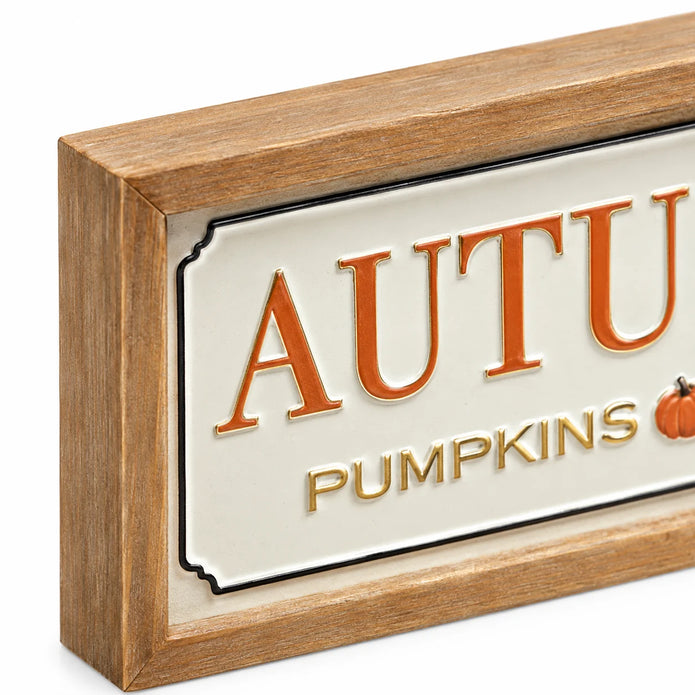 Close-up of natural wood frame corner and original border on Long Autumn Market Pumpkin Sign.