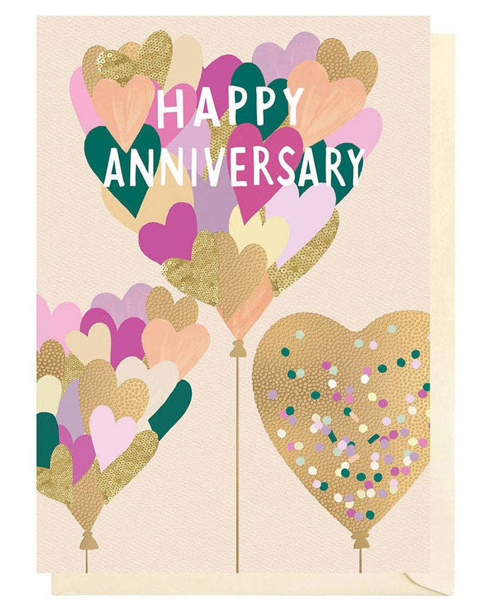 Louise Tiler anniversary greeting card featuring gold hearts and elegant design, perfect for celebrating special occasions.