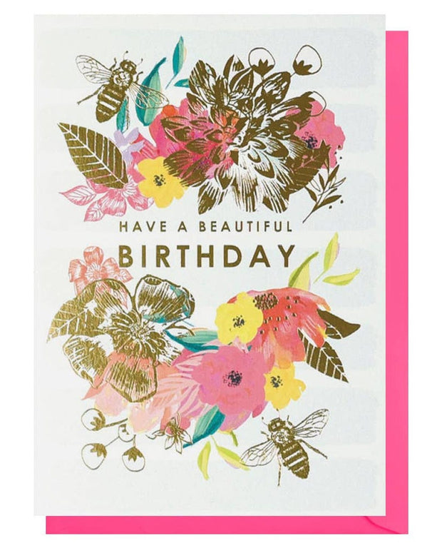 Beautiful bees birthday greeting card by Louise Tiler featuring colorful bee illustrations on a cheerful design.