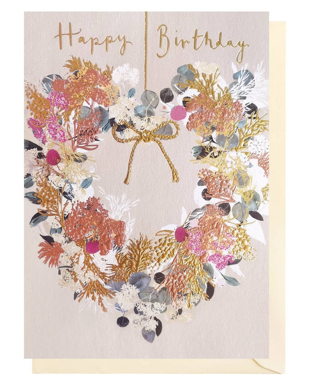 Pink and green birthday wreath greeting card by Louise Tiler featuring floral designs and cheerful birthday message.