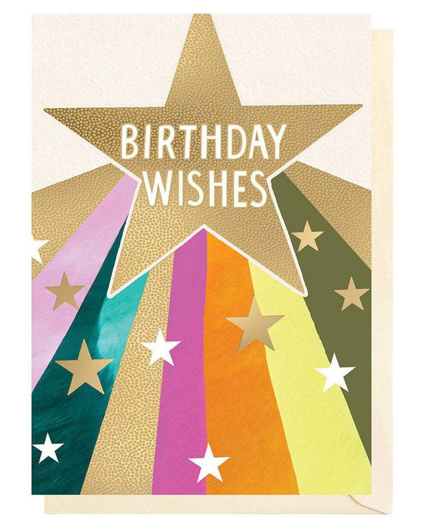 Gold shooting star birthday greeting card by Louise Tiler featuring a shimmering star design on a festive card.