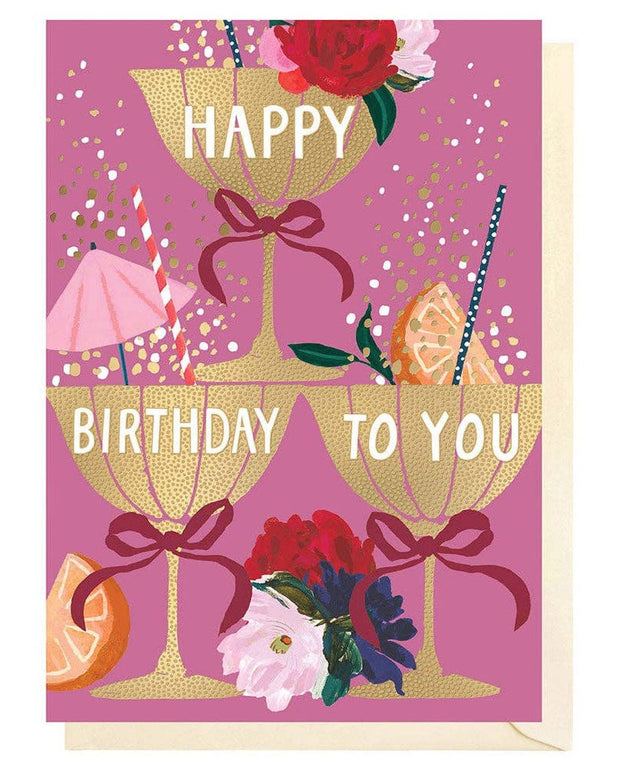 Louise Tiler birthday greeting card with golden cocktail illustrations, perfect for celebrating special occasions.