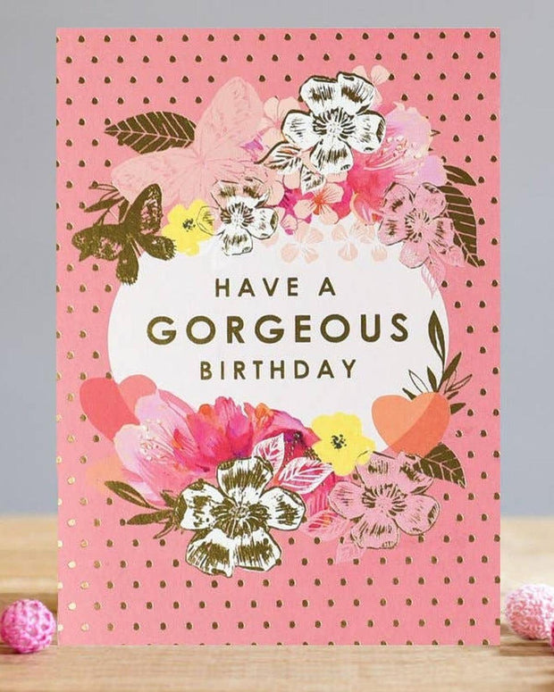 Louise Tiler greeting card titled "Gorgeous Birthday" featuring vibrant floral designs for celebrating birthdays.