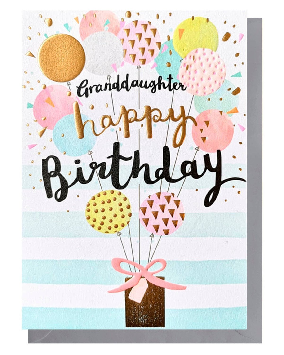 Bright greeting card by Louise Tiler featuring balloons and a birthday message for granddaughter.