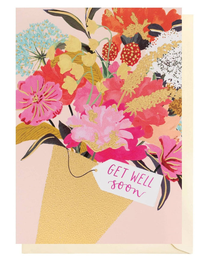 Get Well Soon greeting card by Louise Tiler featuring colorful flower illustrations for expressing well wishes.