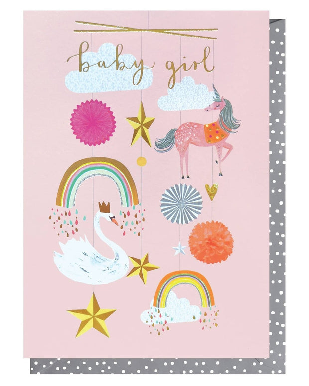 New Baby Girl Greeting Card featuring a cute mobile design by Louise Tiler, perfect for celebrating a baby's arrival.