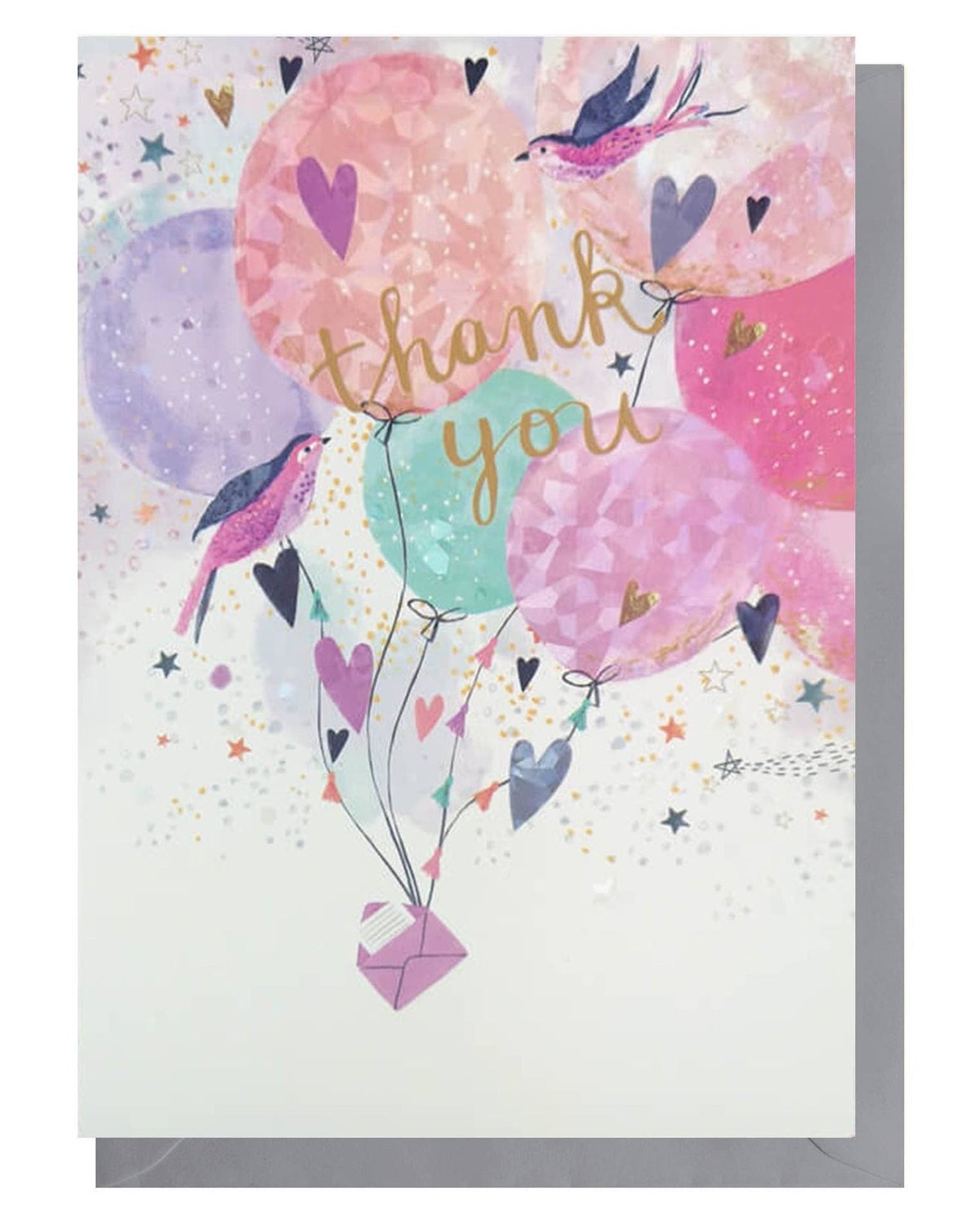 Thank you Louise Tiler greeting card featuring a bird and balloons design, perfect for expressing gratitude.