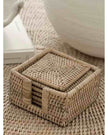 Lows rattan square coaster set with matching holder, ideal for protecting surfaces in kitchen and dining areas